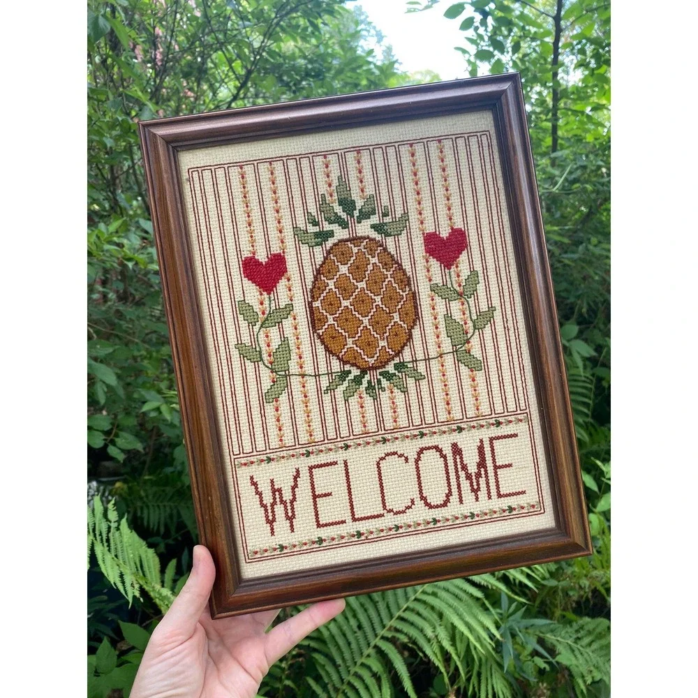 Elsa Williams needle crafted beaded pineapple welcome sign framed